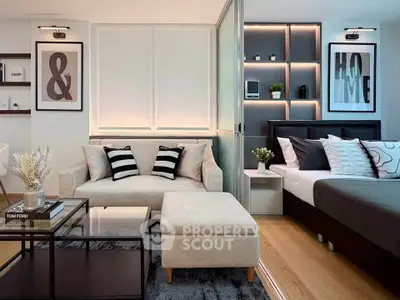 Modern studio apartment with stylish living area and cozy bedroom, featuring elegant decor and ambient lighting.