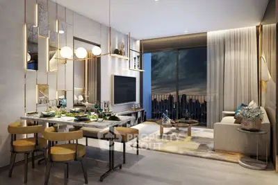 Luxurious modern living room with elegant dining area and stunning city view.
