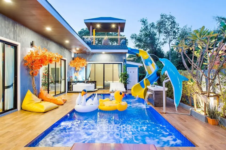 Luxurious modern villa with private pool and vibrant outdoor decor