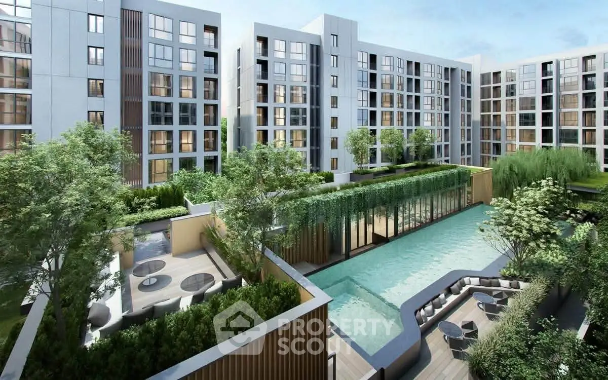 Luxurious modern apartment complex with pool and lush greenery