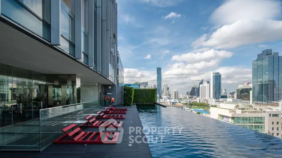 Luxurious rooftop pool with stunning city skyline views in modern high-rise building.