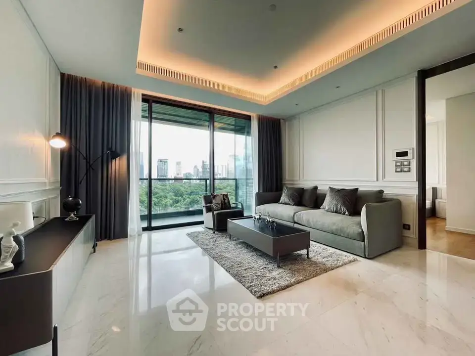 Luxurious modern living room with large windows and elegant decor