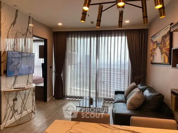 Luxurious living room with modern decor and stunning city view