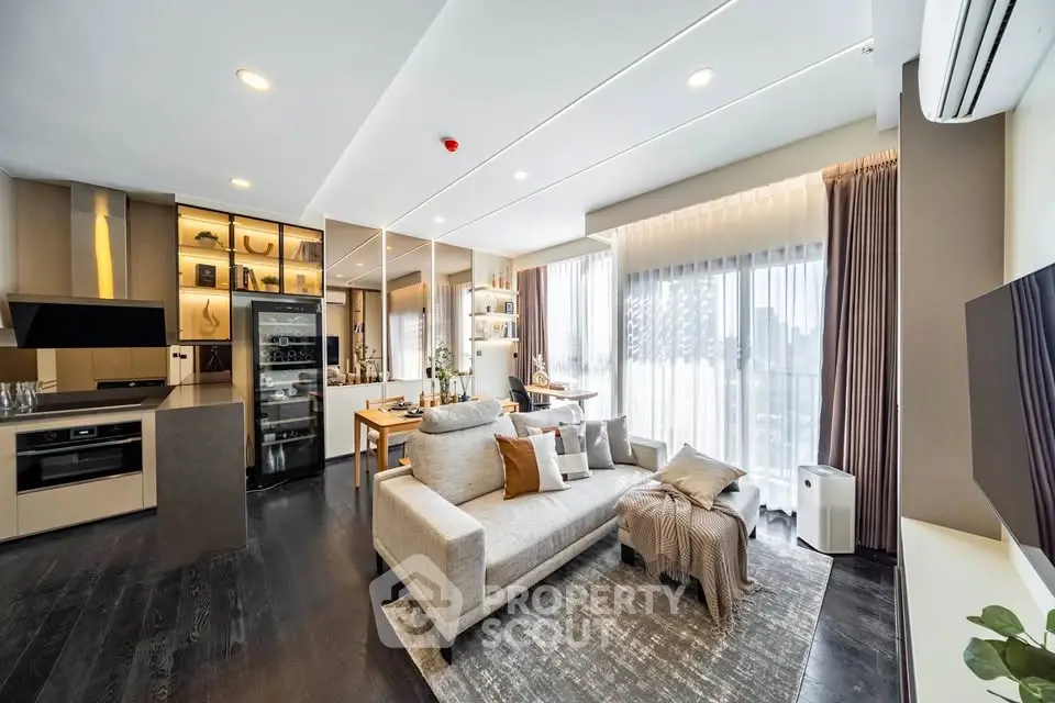 Luxurious modern living room with open kitchen and elegant decor