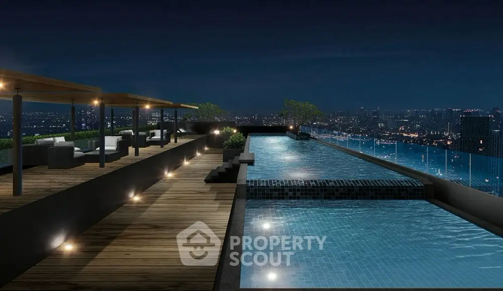 Luxurious rooftop pool with stunning city skyline view at night.