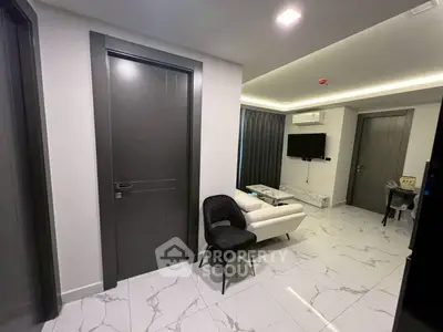 Modern living room with sleek design and marble flooring