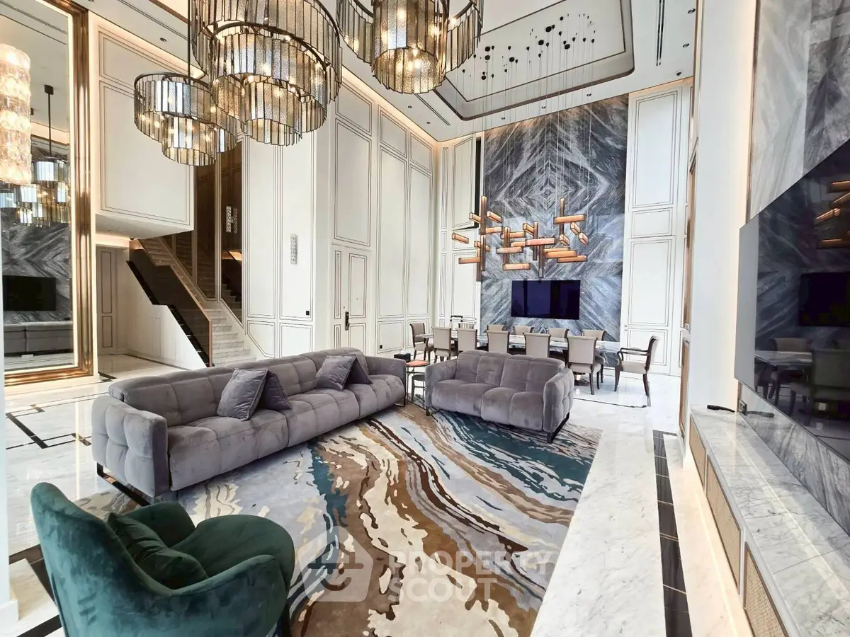 Luxurious modern living room with high ceilings and elegant decor