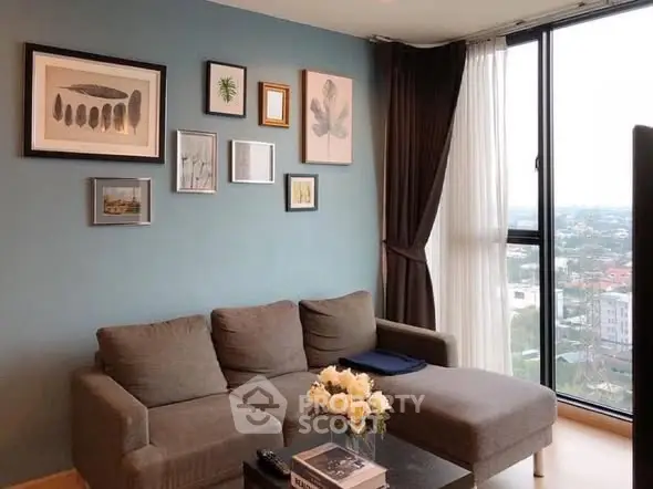 Stylish living room with modern decor and panoramic window view