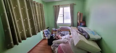 Cozy bedroom with green walls and natural light, featuring wooden flooring and ample storage space.
