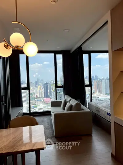 Modern living room with stunning city view and elegant lighting