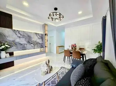 Luxurious modern living room with elegant dining area and stylish decor