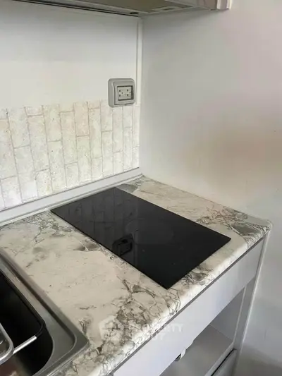 Modern kitchen with sleek induction cooktop and marble countertop