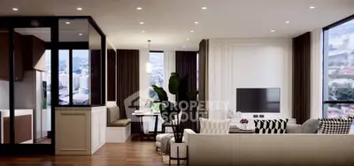 Luxurious modern living room with elegant decor and city view