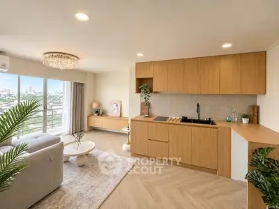 Modern open-plan living room with kitchen, featuring wooden cabinetry and large windows with city view.