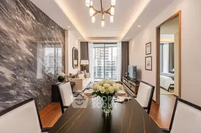 Luxurious modern living room with elegant dining area and city view, perfect for urban living.