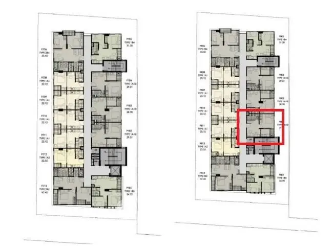 Detailed floor plan layout of a modern apartment building with highlighted unit.