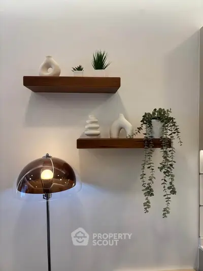Stylish interior with modern shelves and elegant decor in a cozy living space.
