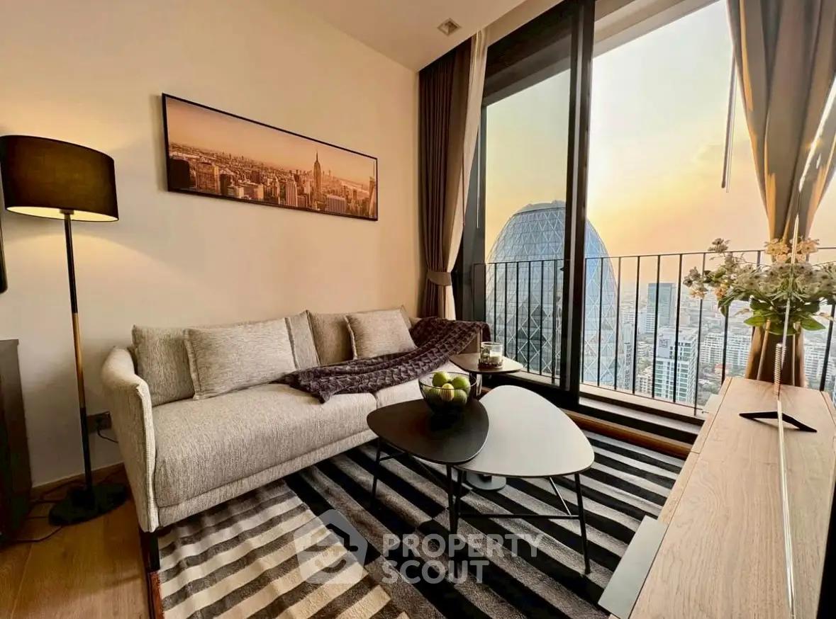 Modern living room with stunning city view and stylish decor