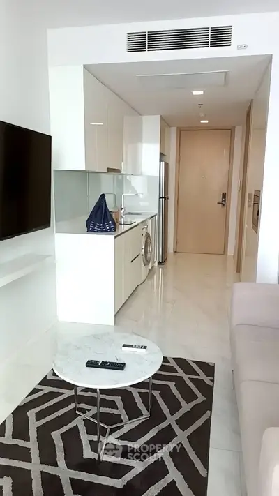 Modern apartment interior with sleek kitchen and cozy living area, featuring a washing machine and stylish decor.