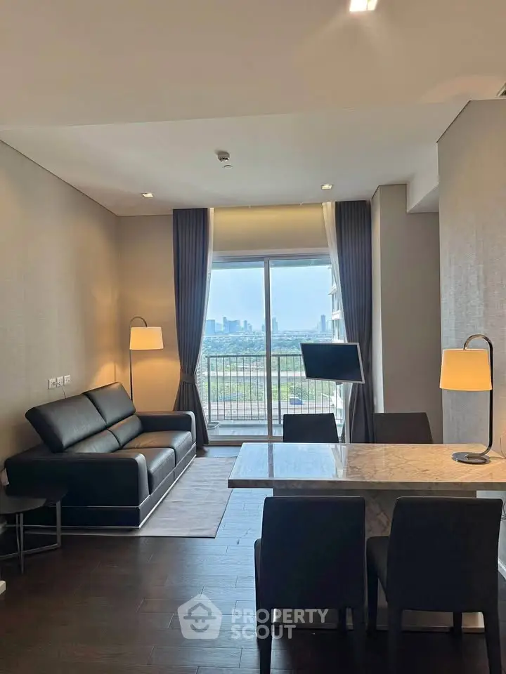 Modern living room with city view, elegant furniture, and natural light.