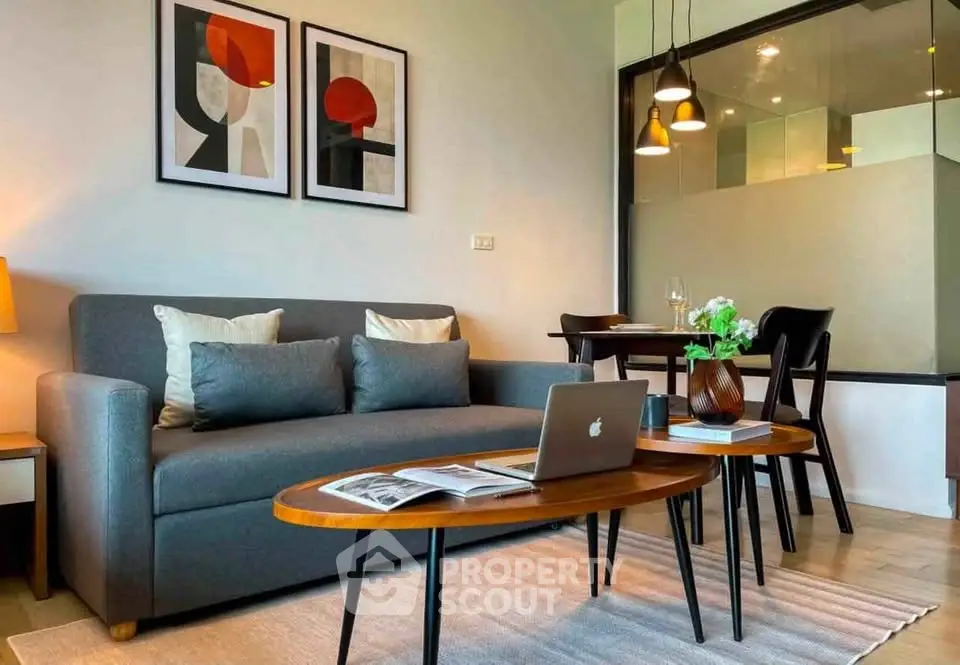Modern living room with stylish decor and cozy seating area