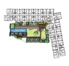 Architectural site plan showcasing residential layout with pool and garden areas.