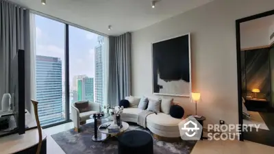 Luxurious modern living room with stunning city view and elegant decor