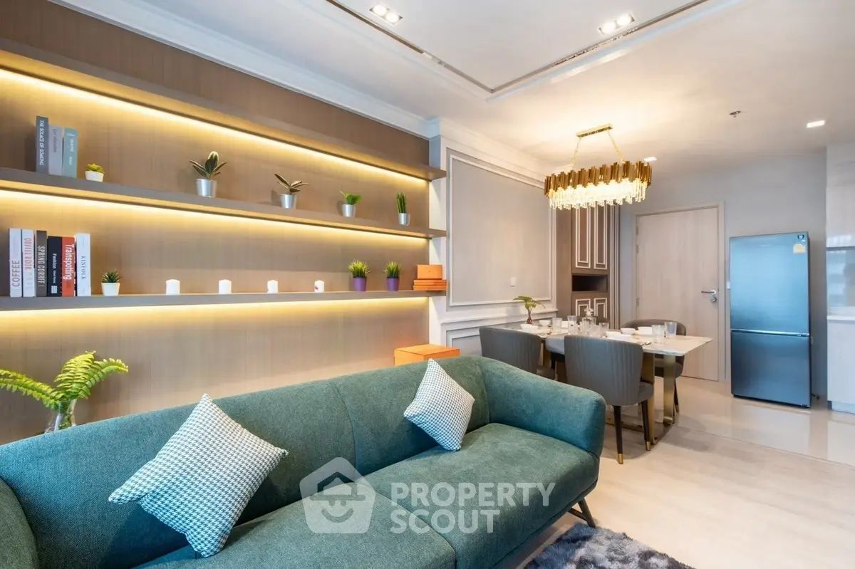 Modern living room with elegant dining area and stylish decor