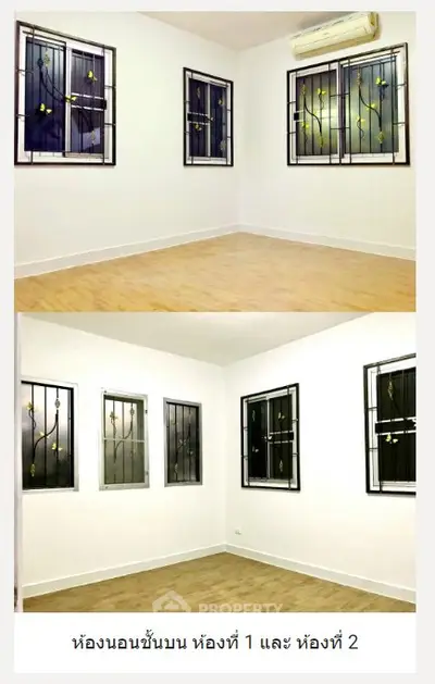 Spacious bedroom with elegant window grills and wooden flooring, perfect for modern living.