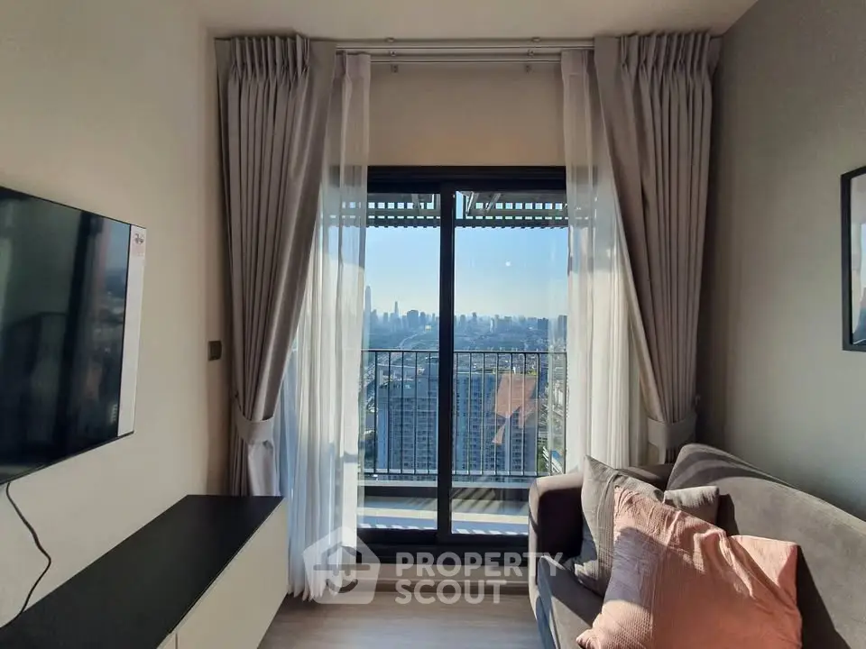 Modern living room with balcony and stunning city view