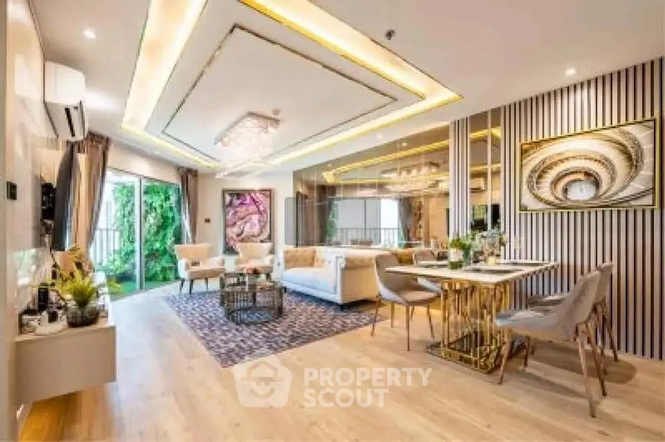 Luxurious modern living room with elegant decor and open layout, featuring stylish furniture and natural light.
