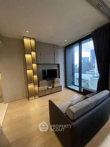 Modern living room with city view and sleek design