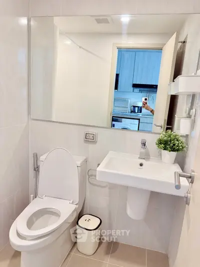 Modern bathroom with sleek fixtures and a touch of greenery for a refreshing ambiance.