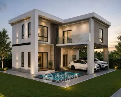 Luxurious modern two-story house with pool and carport, featuring sleek architectural design and elegant lighting.