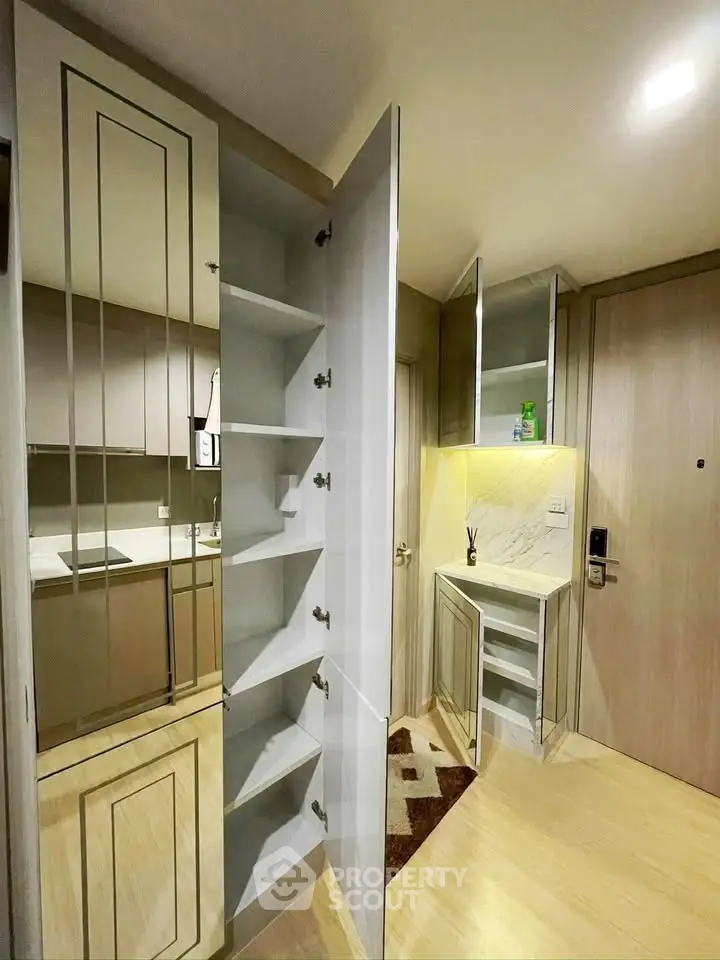 Modern apartment entrance with sleek storage and minimalist design