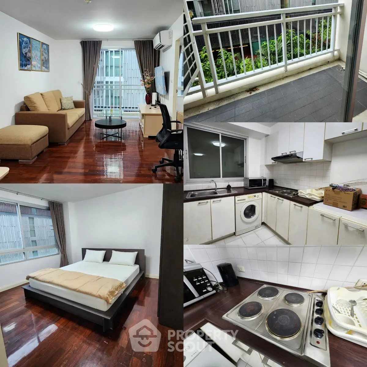 Modern apartment with spacious living room, cozy bedroom, and well-equipped kitchen with balcony view.