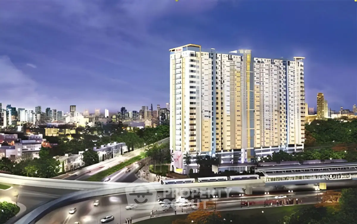 Stunning high-rise building with city skyline view, perfect for urban living.