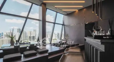 Luxurious modern living room with panoramic city view and sleek interior design.