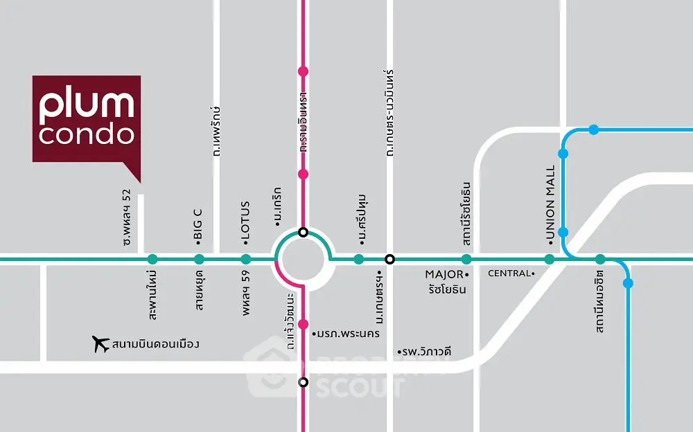 Map showing Plum Condo location near major transit lines and shopping centers.