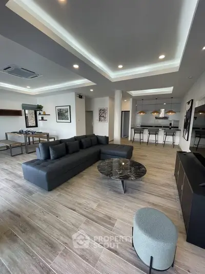 Luxurious open-plan living room with modern furnishings and stylish kitchen area