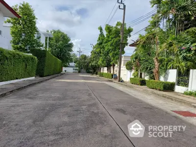 Quiet residential street with lush greenery and modern homes