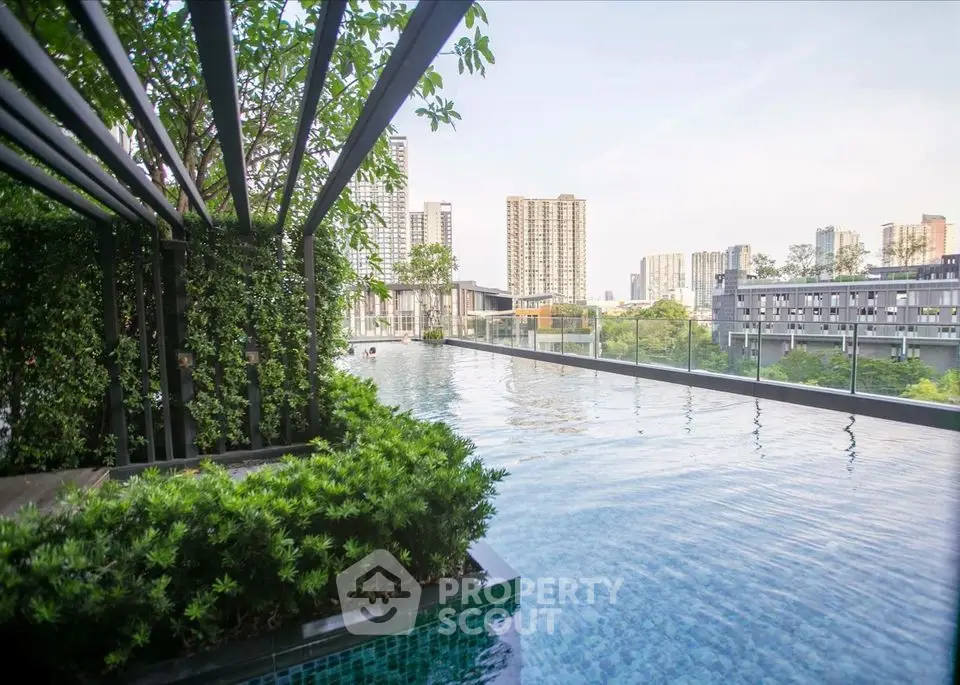Luxurious rooftop pool with stunning city skyline views and lush greenery.
