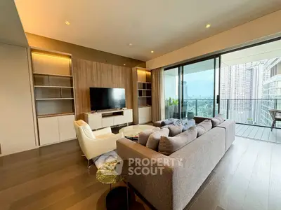 Spacious modern living room with city view and large balcony