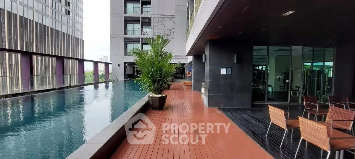 Luxurious rooftop pool area with modern seating and stunning city views.