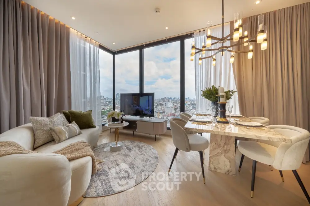 Luxurious modern living room with panoramic city view and elegant dining area