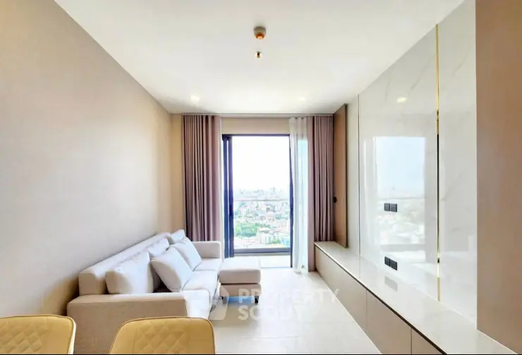 Modern living room with panoramic city view and elegant decor