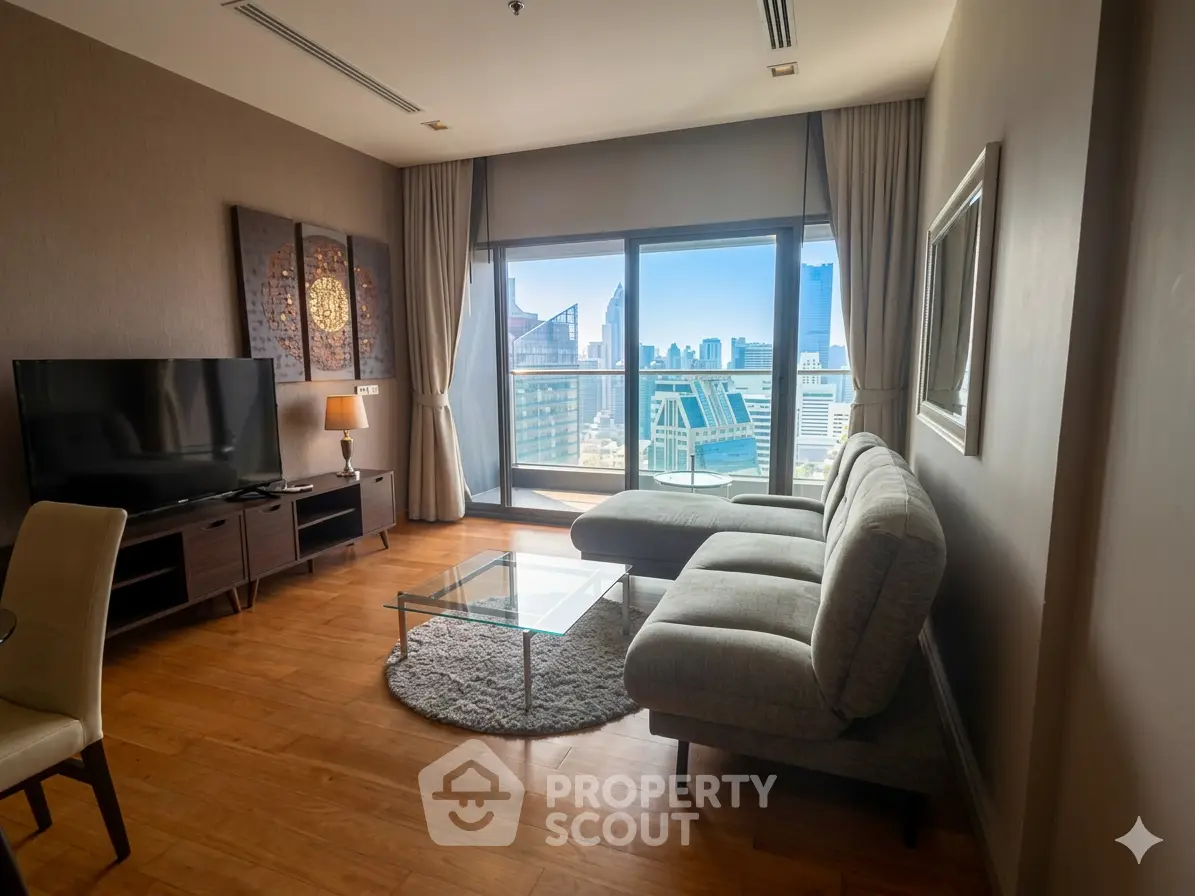 Modern living room with city view, featuring stylish furniture and large windows in a high-rise apartment.