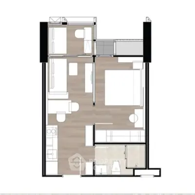 Modern apartment floor plan with spacious layout and stylish design, featuring bedroom, living area, and kitchen.