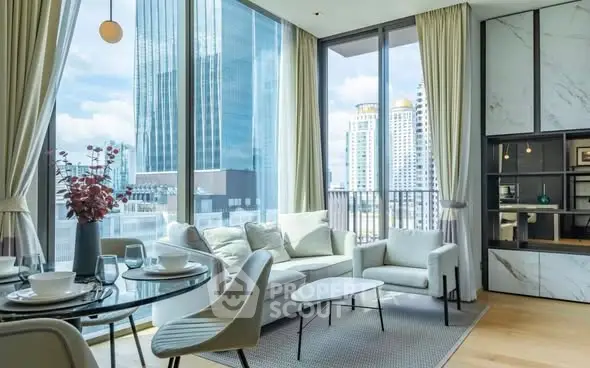 Luxurious modern living room with floor-to-ceiling windows and stunning city view.