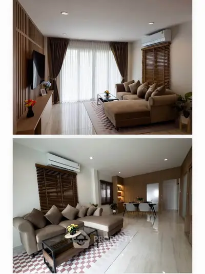 Modern living room with stylish furniture and natural light, featuring a cozy seating area and elegant decor.